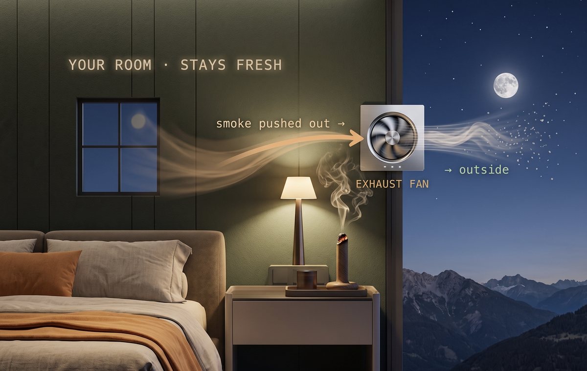 Illustration of a Blazers Lodge room at night: smoke from the nightstand drifts to a wall-mounted Blazers Exhaust Fan, which pushes it outside to the mountain air, keeping the room fresh.