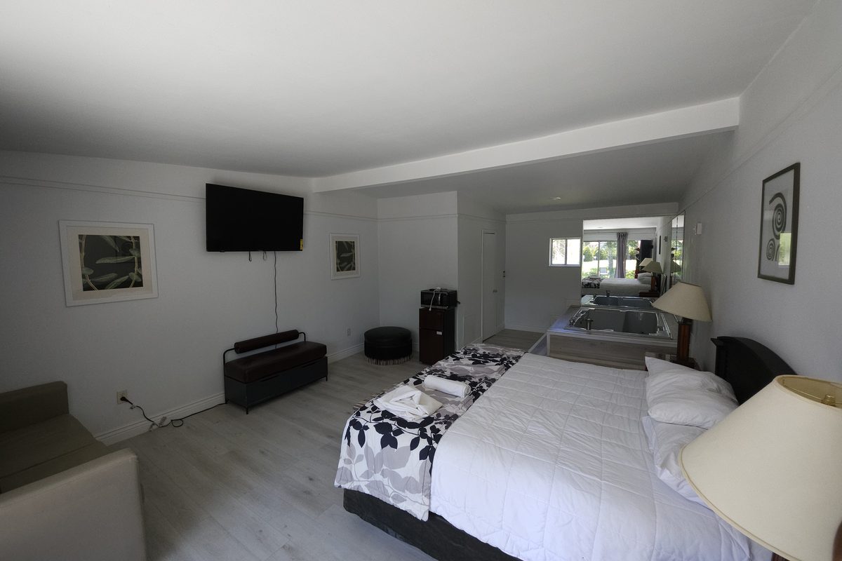 Spacious studio suite at Blazers Lodge with a seating area and wall-mounted TV